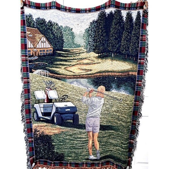 Vintage Ladies Golf Themed Plaid Border Fringed Throw Blanket FLAW - Picture 2 of 11